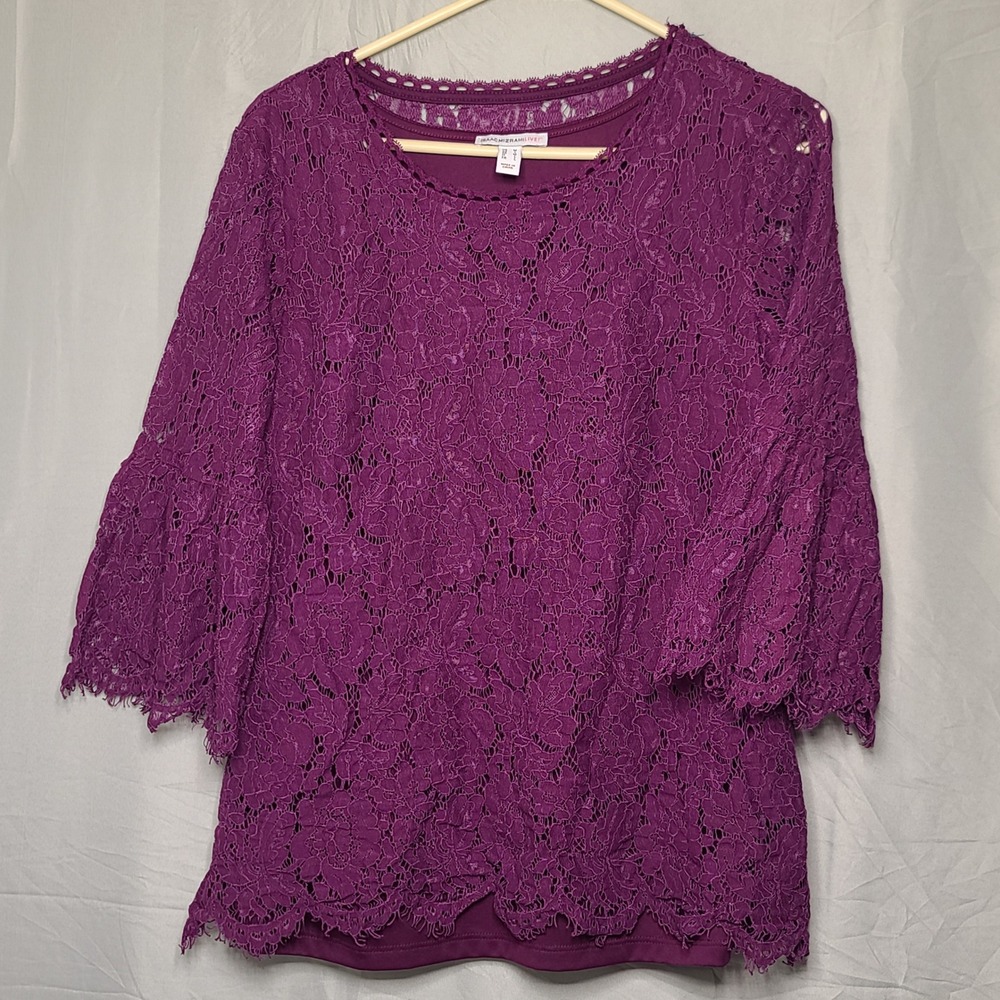 Isaac Mizrahi Live Lace Blouse Womens Medium Purple Floral Bell Sleeve Top